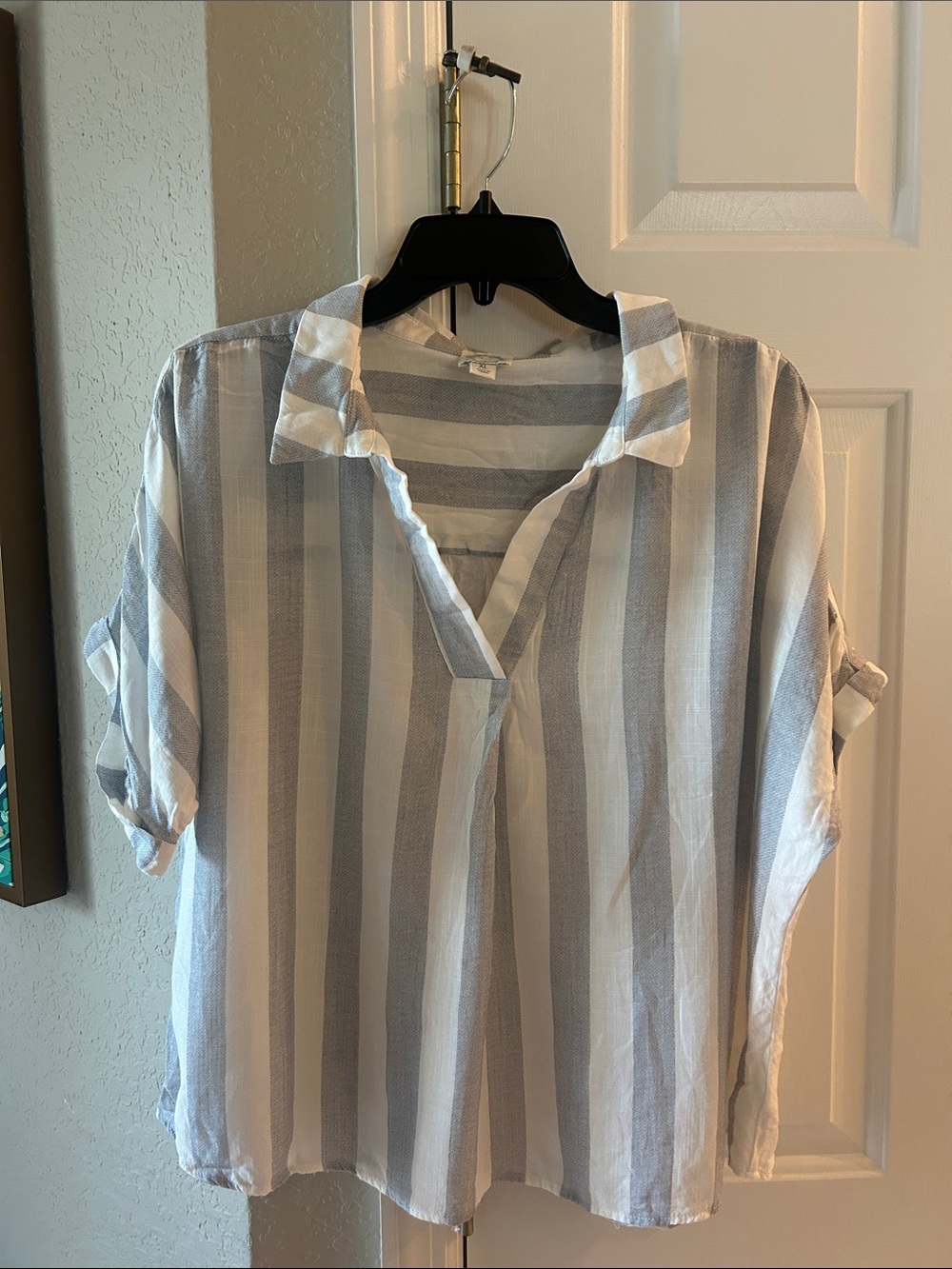 Blue Rain Striped, collared, roomy V-Neck Top in Blue and White